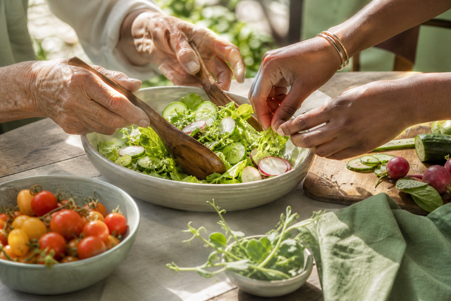 Hands preparing fresh food together—prevention starts at the table