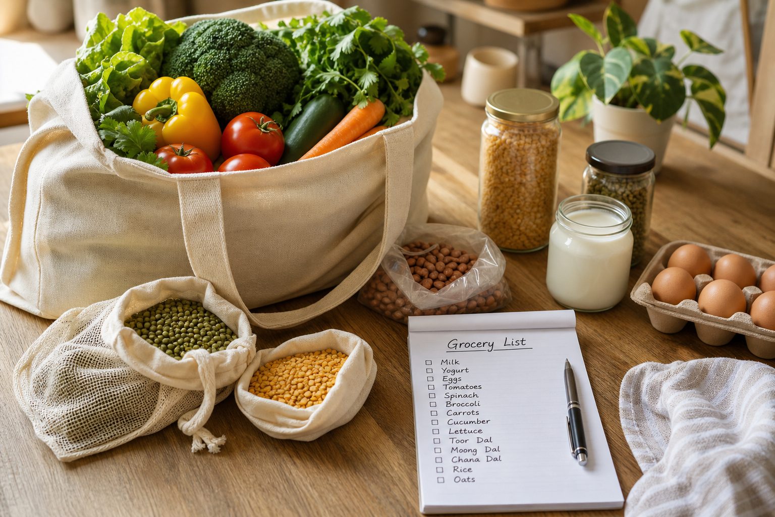 Fresh groceries and produce arranged for a calm monthly shopping list